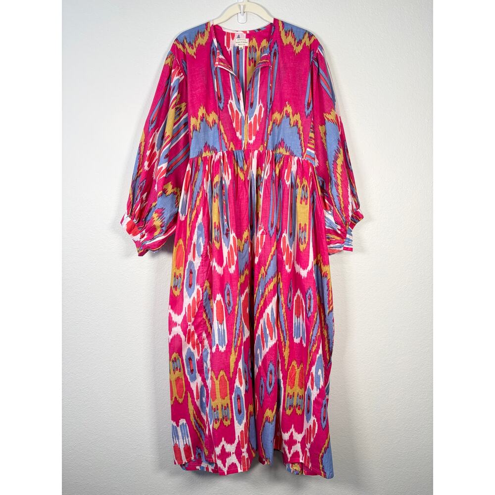 House of Sundar Pink Cotton Abstract Print Liana Midi Dress in Hibiscus